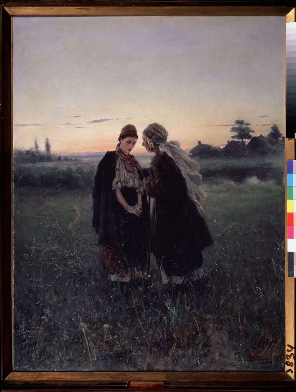 Anne ve kızı (Anne ve kızı). Gece çöktüğünde diyalog ve nesiller arası güven, genç kız sonsuz üzgün görünüyor. Arka planda, küçük bir köy köyünde, iki kadın geleneksel elbiseler giyiyor. boyama by Vladimir Egorovic Makovsky