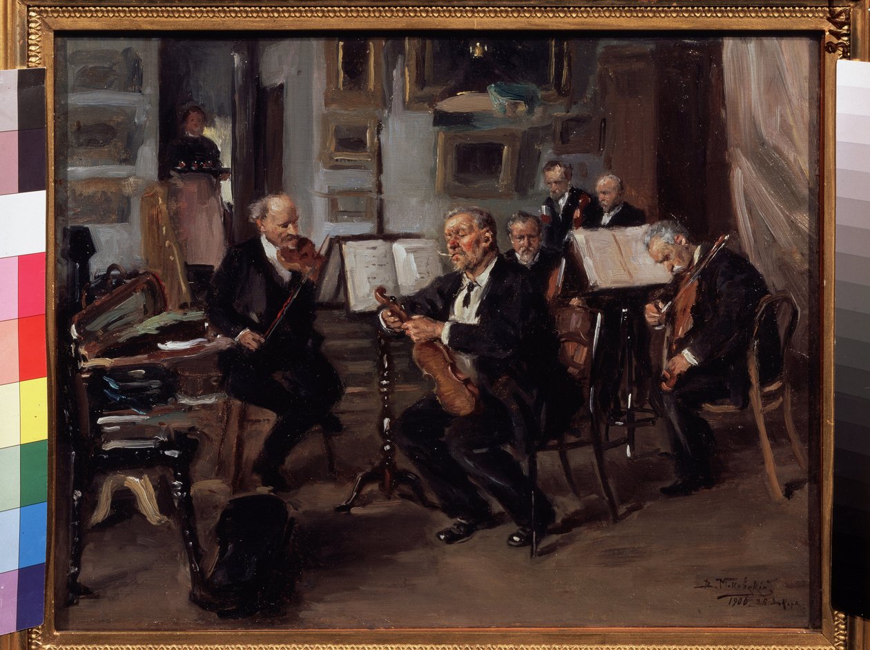 Müzikli Akşam. Müzisyenler bir konser vermeye hazırlanırlar, enstrümanlarını enstrüman kasaları ve notalar arasında akort ederler. Vladimir Yegorovich Makovsky Makovsky (Makovsky, Makovskij) (1846-1920), yağlı boya tabloları by Vladimir Egorovic Makovsky