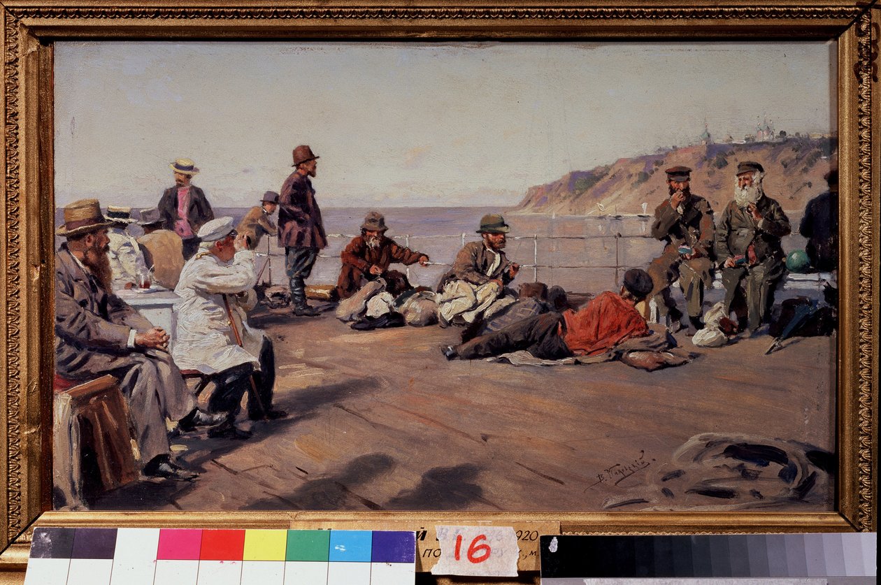 Güvertede (Güvertede). Sahil boyunca uzanan bir teknede her sınıftan yolcu. Vladimir Yegorovich Makovsky
