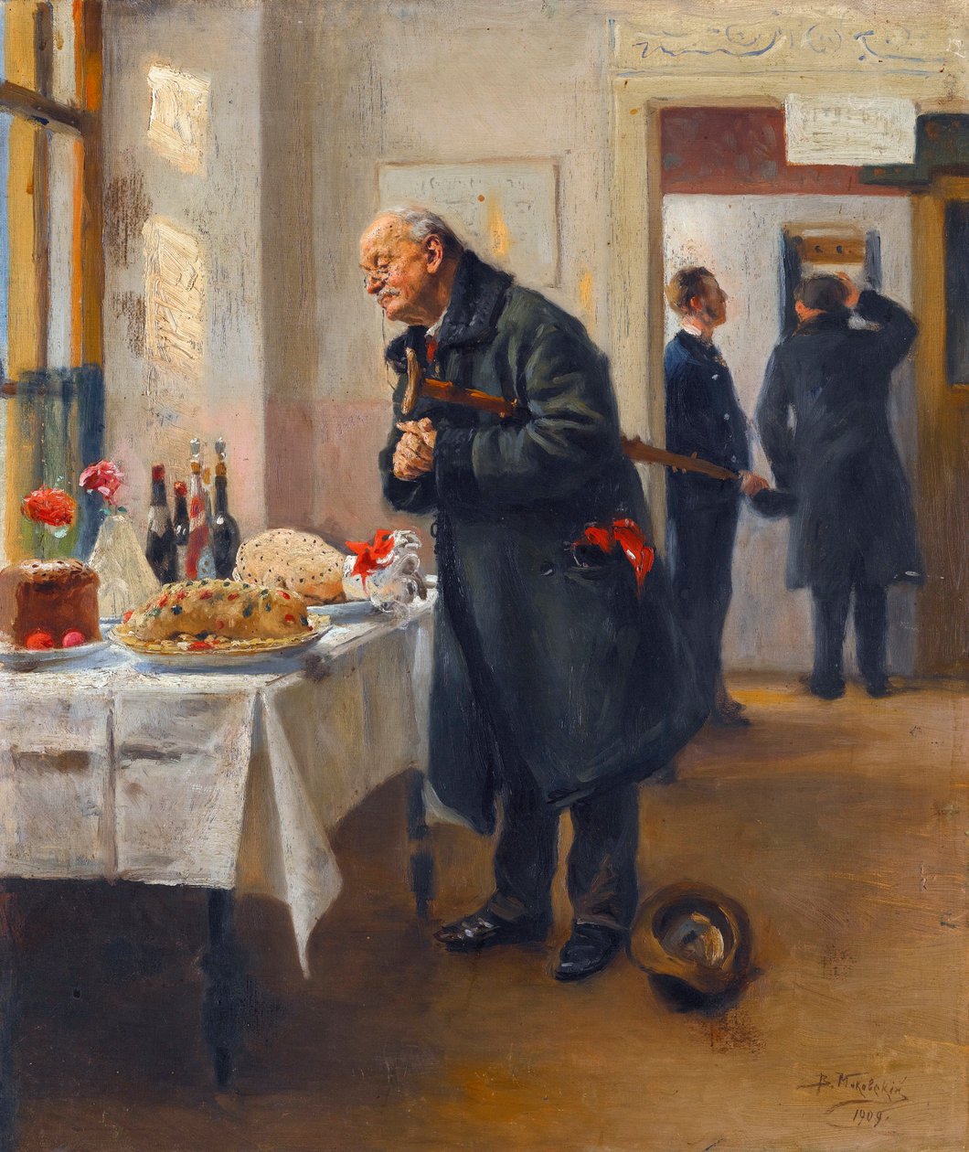 ""Bir gastronom"" (Gastronom) İyi bir büfenin önünde ellerini ovuşturan bir adam - Vladimir Makovsky (Makovski) (1846-1920) tablosu by Vladimir Egorovic Makovsky