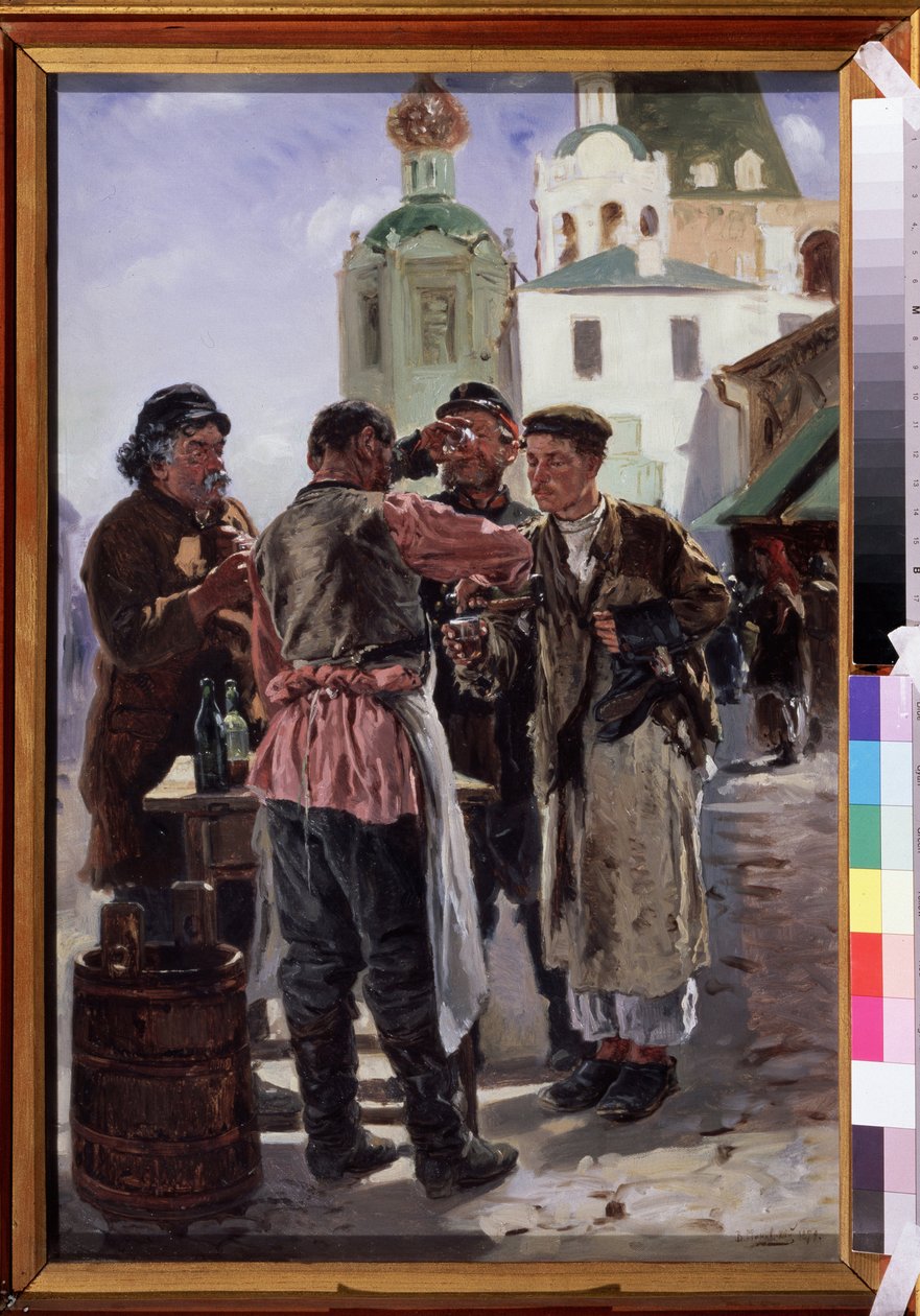 Kvas Satıcısı (Kwass) (Kvas satıcısı). Fermente ve köpüklü içecek, hafif alkollü ve popüler, lakaplı ekmek birası, Rus ulusal içeceği. Vladimir Yegorovich Makovsky