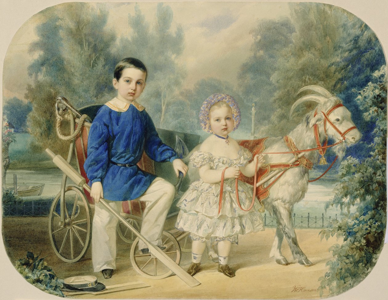 Grandük Alexander ve Grand Duke Alexey Çocukken, 1853 (karton üzerine wc) by Vladimir Ivanovich Hau