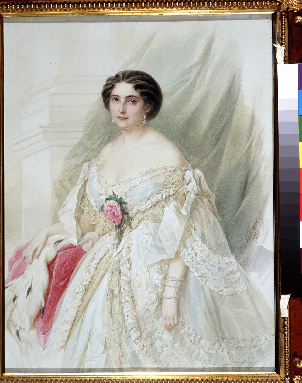 "Kürk pelerinli bir bayanın portresi" Kurdeleli, küpeli ve bilezikli beyaz bir elbise giymiş. Suluboya Vladimir Hau (Gau) (1816-1895) 1860 Özel koleksiyon by Vladimir Ivanovich Hau