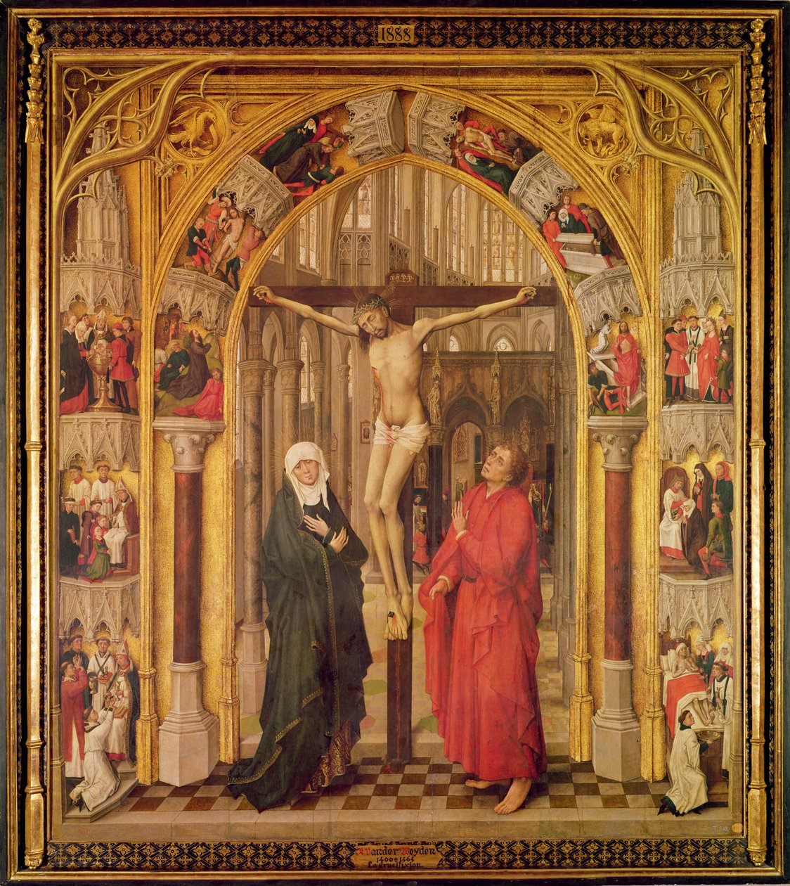 Christ on the Cross, with the Virgin Mary and Saint John under an archway with Gothic tracery leading to a church, central panel from the Redemption Triptych, c.1460  by Vrancke van der Stockt