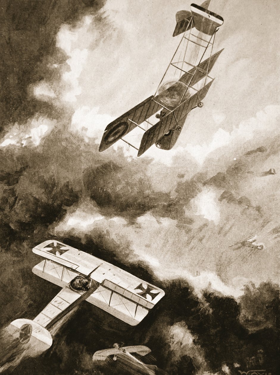 Yüzbaşı Ralph Newton Adams, gözlemci olarak Teğmen Vernon ve İkinci Teğmen Dirk Cloete, ikisi düşürülen ve geri kalanı sürülen altı düşman makinesine saldırıyor. by W. Avis