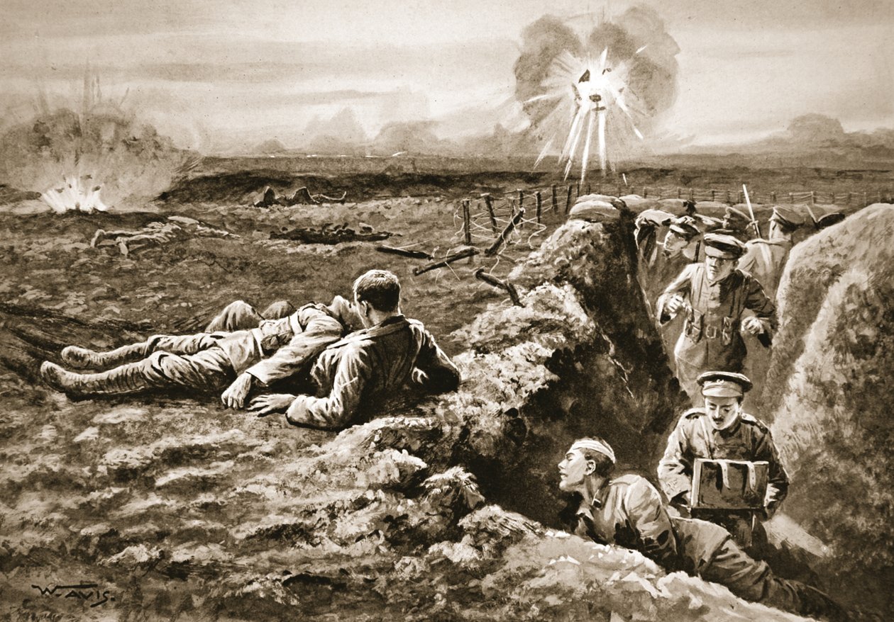 Lance-Onbaşı Mezarları, ağır yaralı bir adamı kendi boynuna ve adamın vücuduna yerleştirilmiş bir tüfek sapanıyla geri çekiyor. by W. Avis