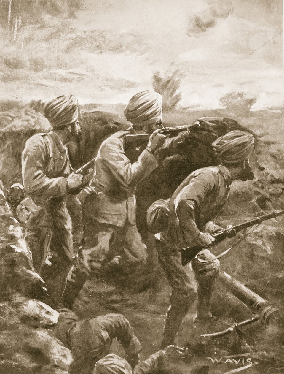 Naik Shahamad Khan, diğer iki kişiyle birlikte, makineli tüfeği top mermisi ile vurulduktan sonra yerini koruyor by W. Avis