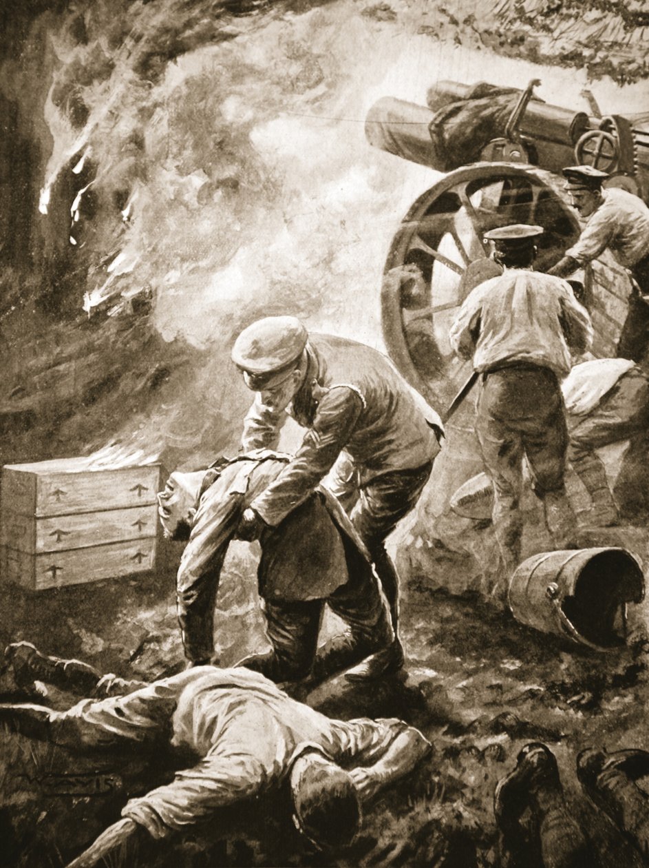Çavuş T. Green yanan bir silah kulübesinden üç ağır yaralı adamı yardımsız kurtarıyor by W. Avis