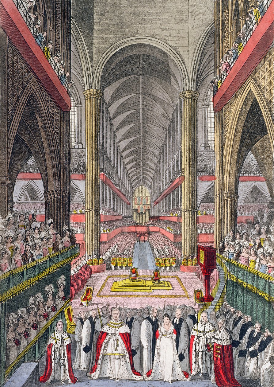 William IV (1765-1837) ve Adelaide'nin (1792-1849) Westminster Abbey'deki taç giyme töreni, 1830, 1831 (aquatint) by W. Read