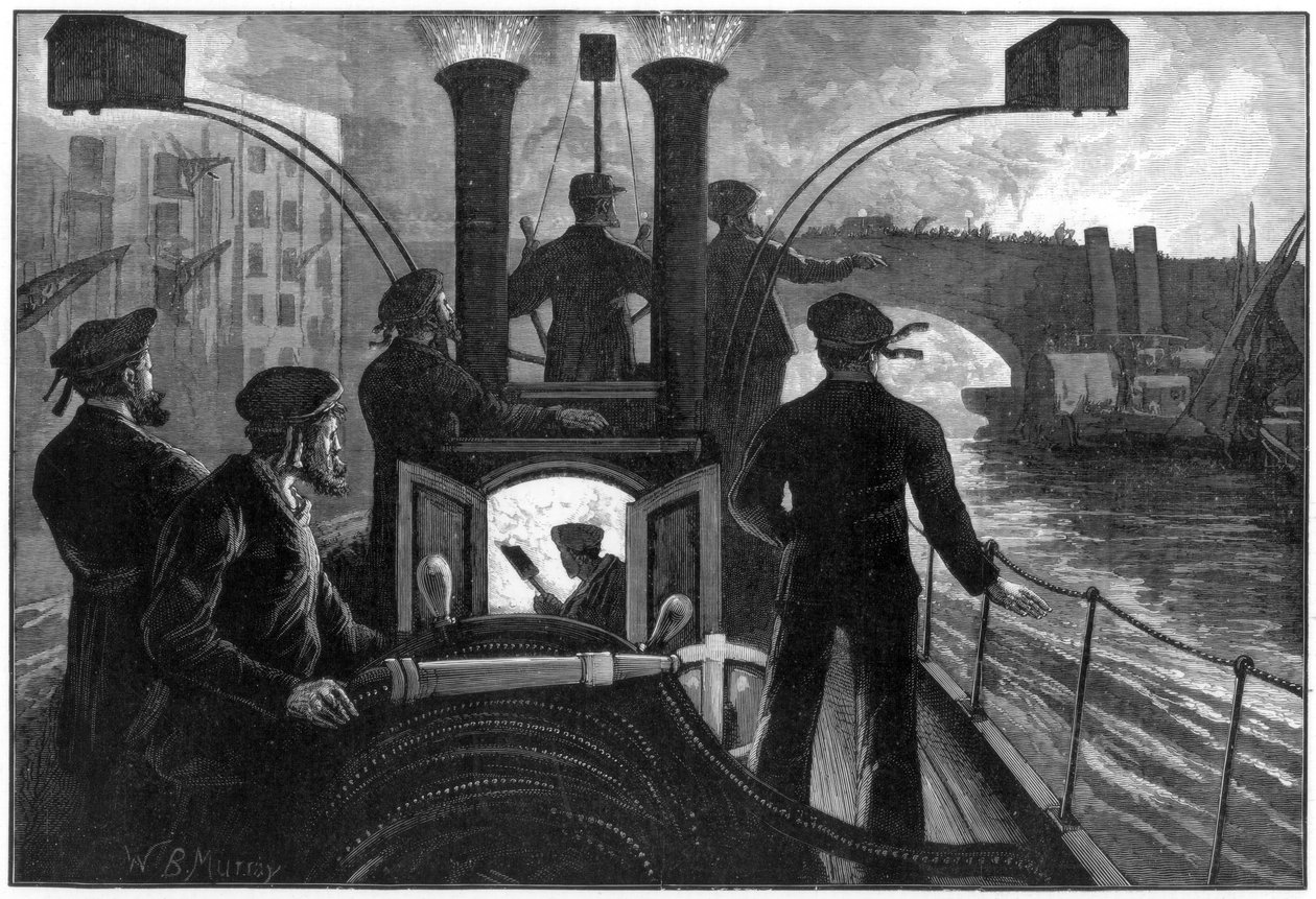 Nehir kenarındaki bir yangına giden buharlı itfaiye motoru, Londra itfaiyesi, 1890. by WB Murray