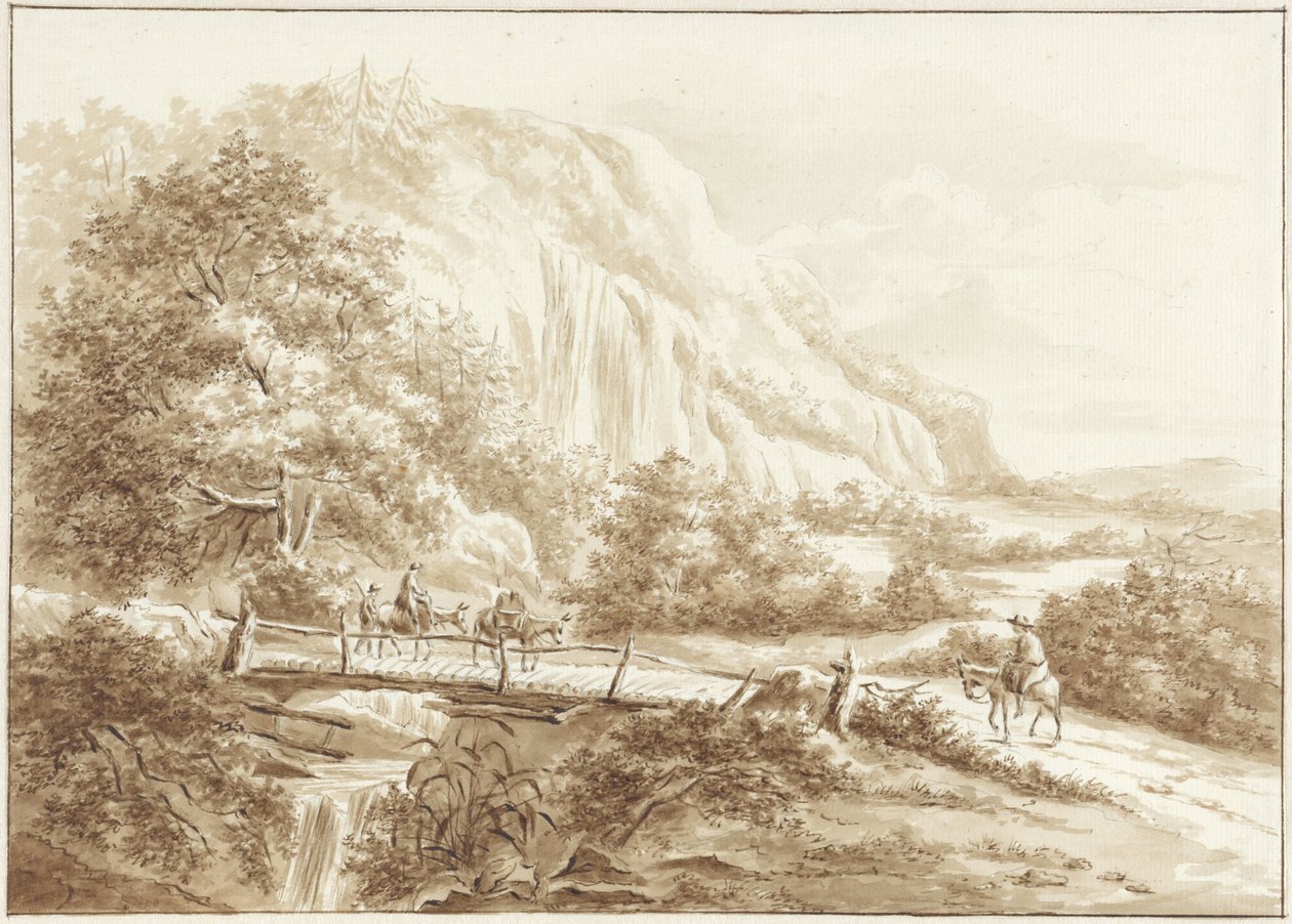 Ahşap bir köprüyü geçen eşekler üzerinde gezginler ile dağ manzarası by W.C.E. Roelofs
