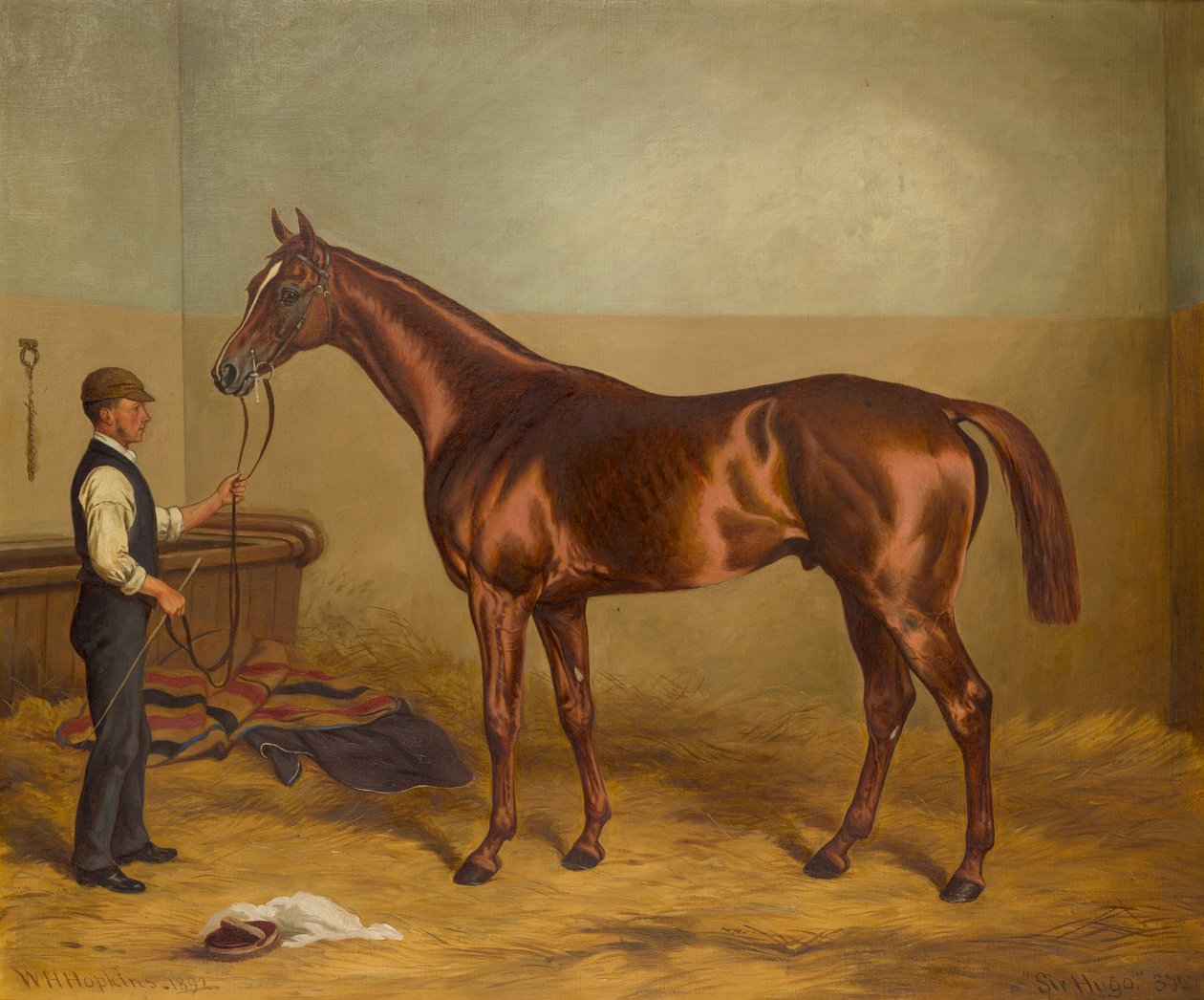 Üç yaşındaki Sir Hugo, Damat tarafından Ahırda tutuluyor, 1875-92 dolayları (tuval üzerine yağlı boya) by W.H. Hopkins
