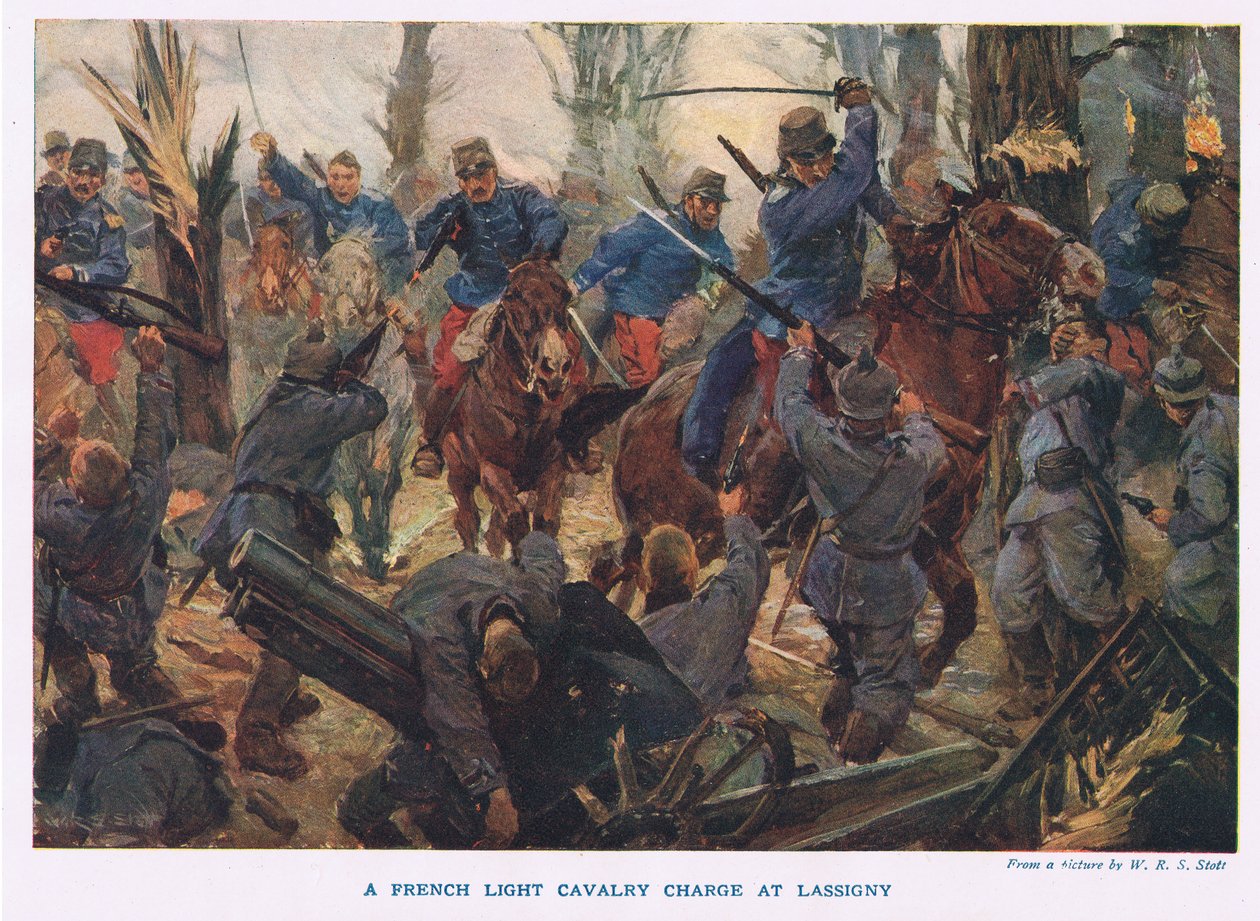 Lassigny'de Fransız Hafif Süvari hücumu (renkli taş) by W.R.S. (after) Stott