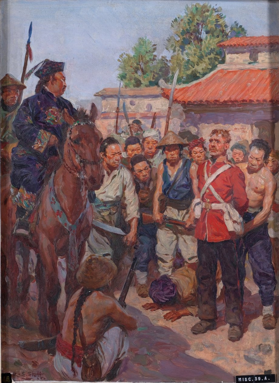 Er Moyse, 3. (Doğu Kent, The Buffs) Ayak Alayı, Tartar Mandarin'in önünde eğilmeyi reddediyor Tsan-koo-lin-sin by W.R.S. Stott