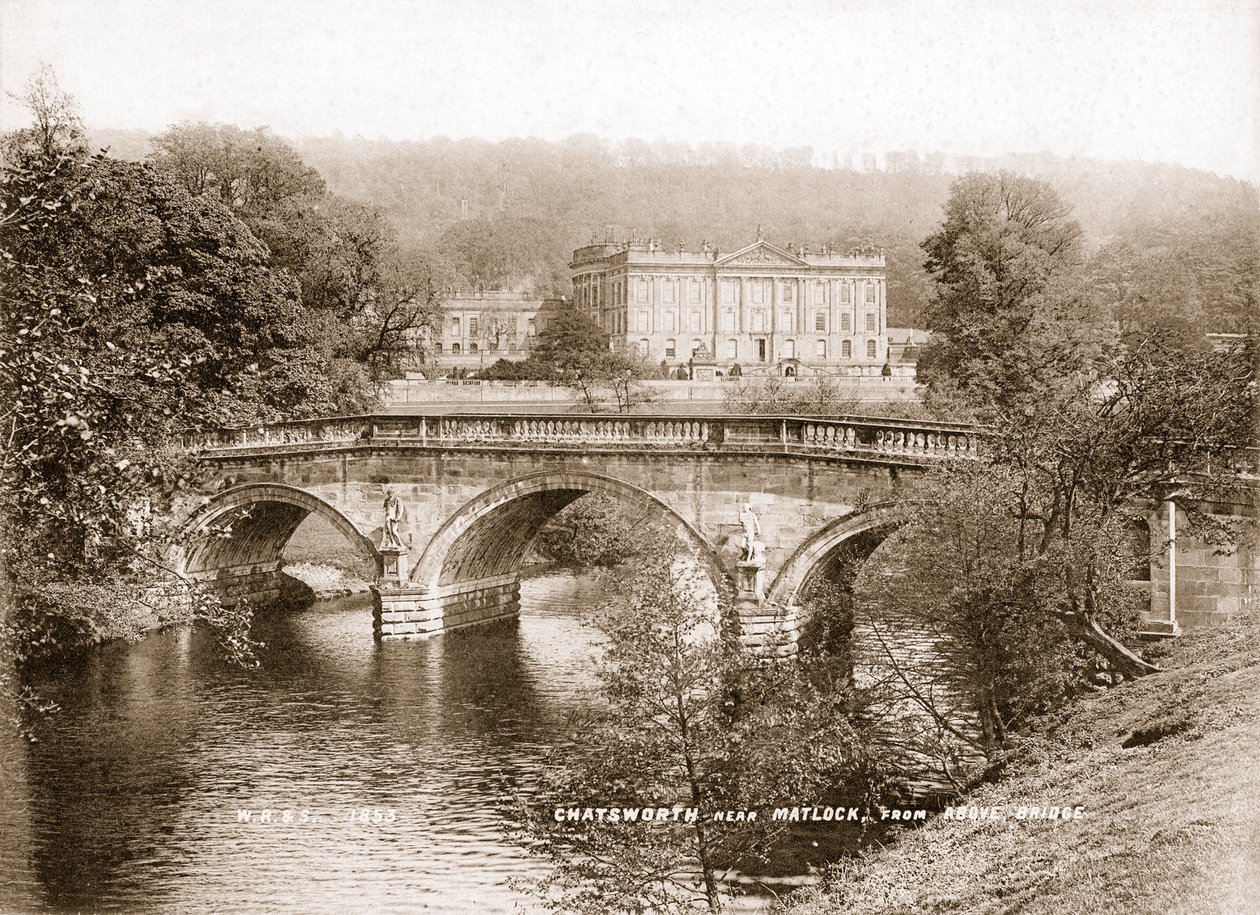 Chatsworth House ve Derwent Nehri üzerindeki köprü, Derbyshire, 1853 by WR and S