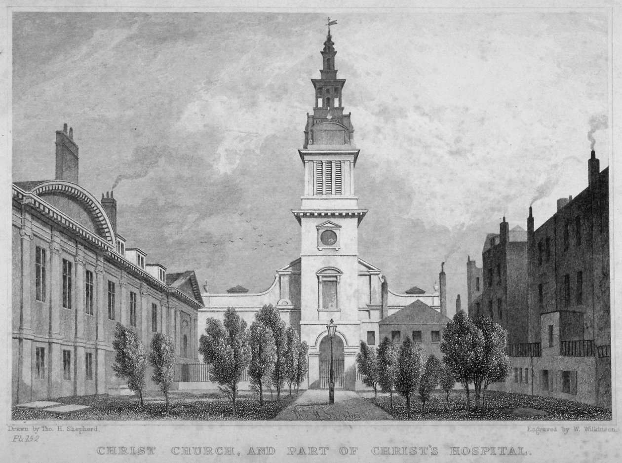 Christ's Hastanesi'nin bir bölümü ile Christ Church, Newgate Caddesi'nin batı görünümü, City of London, 1830 by WS Wilkinson