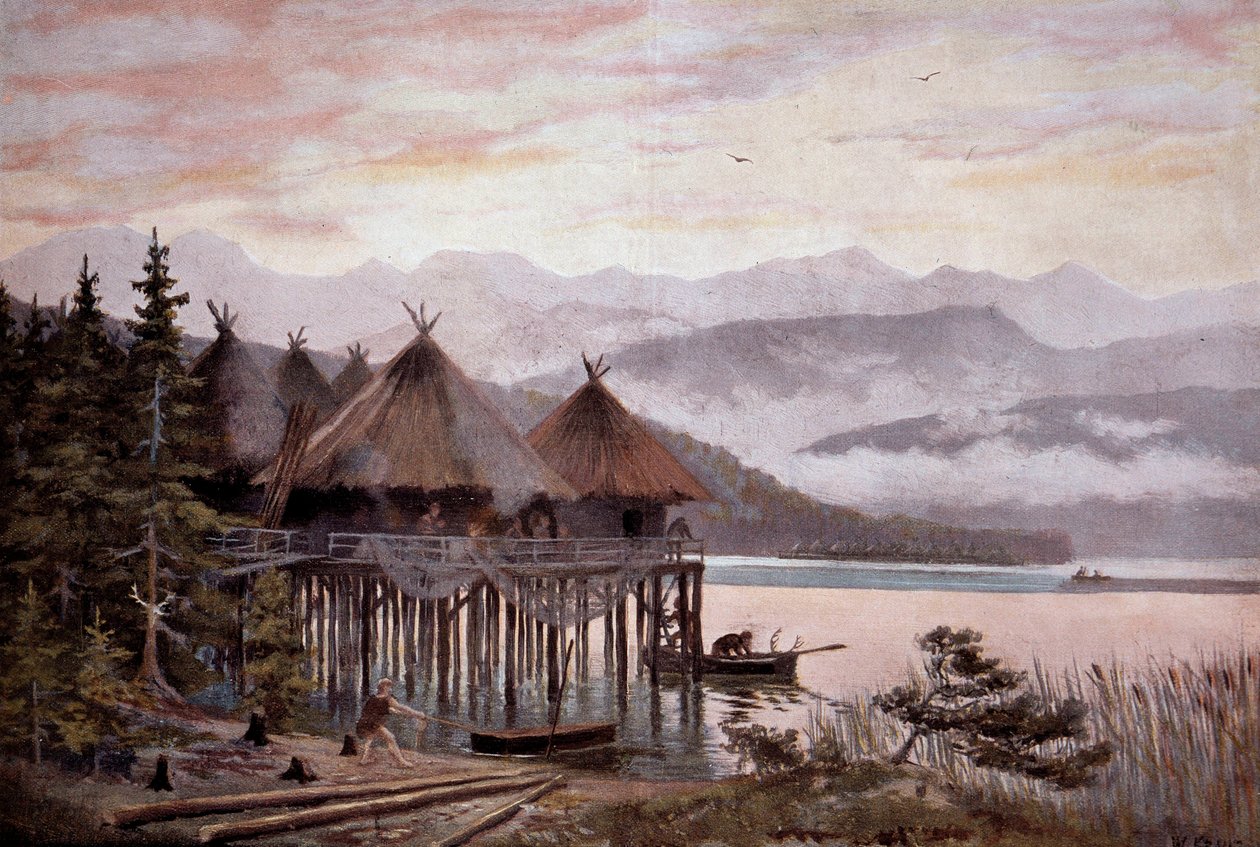 Prehistorya: Pierre çağında Zürih Gölü kıyısında kazıklar üzerinde köy bati. Göl köyü, Tarih öncesi göl kasabası. W. Kranz