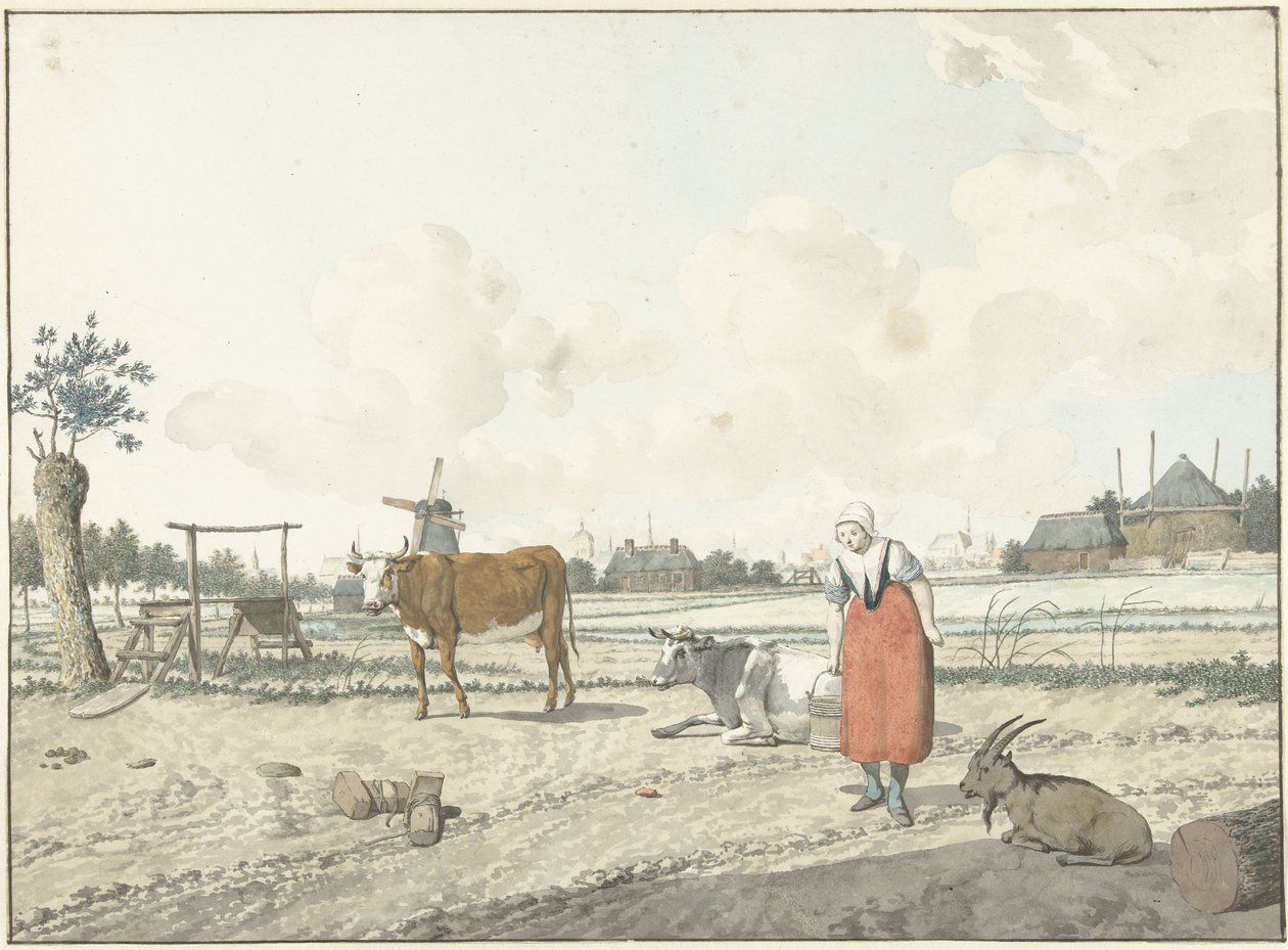 Çiftçinin karısı ve sığırıyla manzara by W. Barthautz