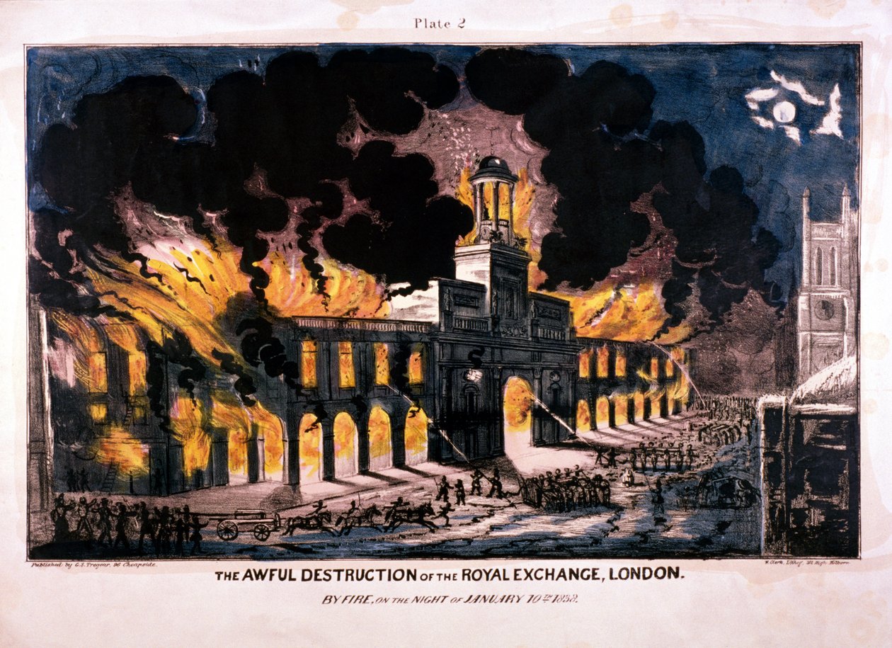 Royal Exchange 2. yangının Korkunç Yıkımı, Londra, 1838 by W Clerk