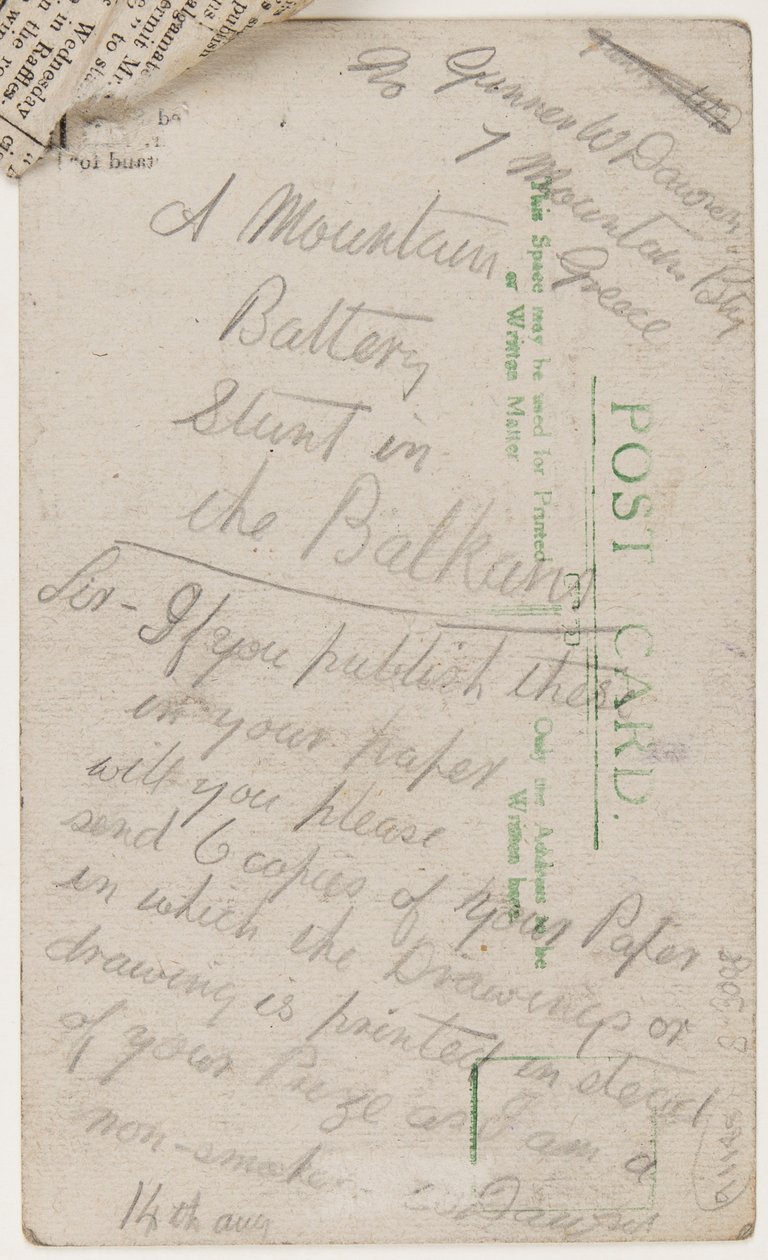 Liverpool Weekly Courier editörüne kartpostal, 14 Ağustos 1918 (kartpostalda kurşun kalem) by W. Dawson