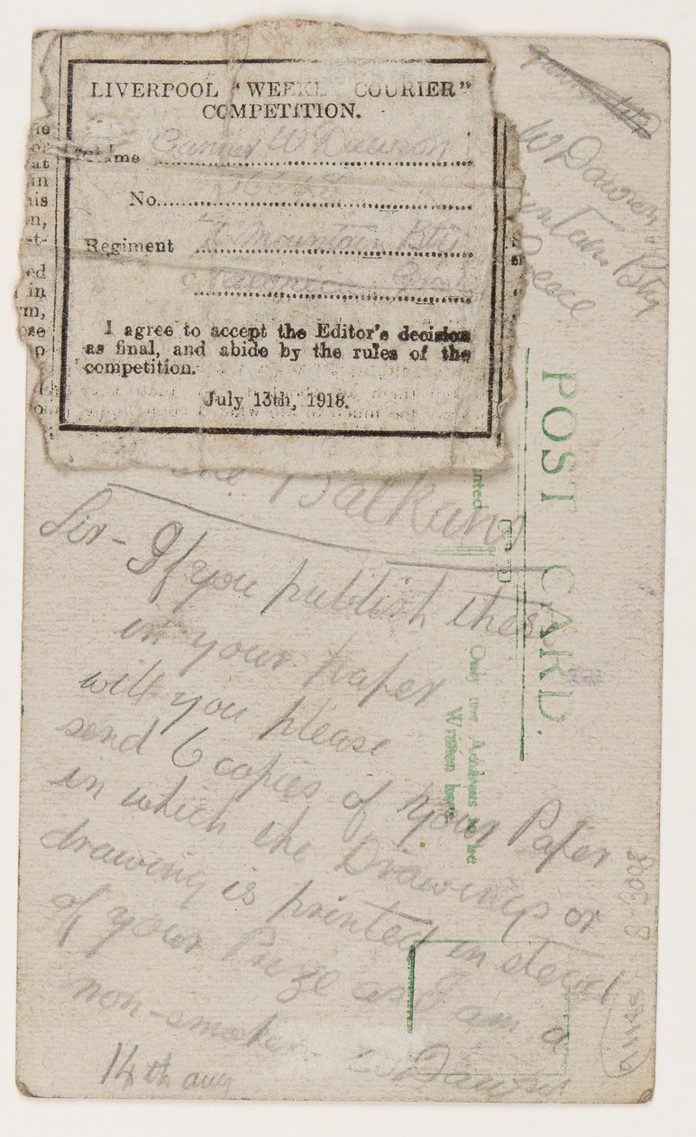 Liverpool Weekly Courier editörüne kartpostal, 14 Ağustos 1918 (kartpostalda kurşun kalem) by W. Dawson