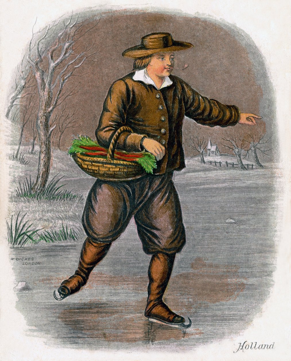 Hollandalı Adam Sebze Sepeti ile Paten Yapıyor, 1809. by W. Dickes
