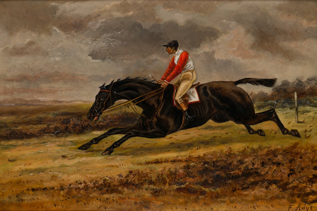 Bradford yarış renklerini giymiş jokeyiyle dört nala koşan bir at, c.1839-98 (tuval üzerine yağlı boya) by W. F. Adye