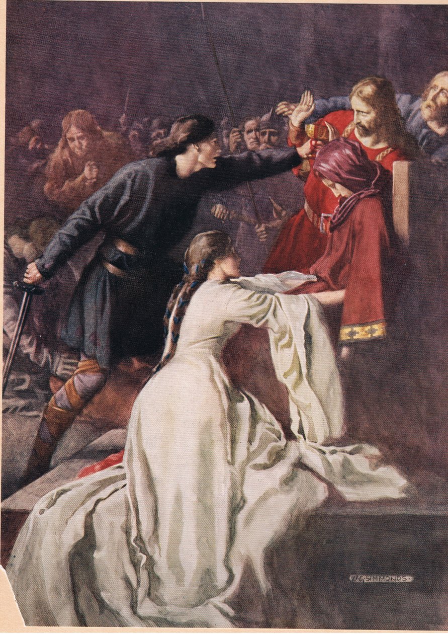 Hamlet, Kral'ı zehir içmeye zorluyor, William Shakespeare'in 'Hamlet'inden, Hodder und Stoughton tarafından 1915'te yayınlanan baskı by W. G. Simmonds