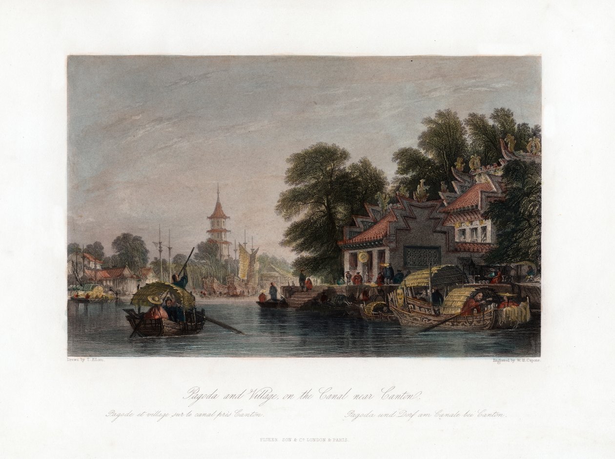 Pagoda ve Köy, Canton yakınlarındaki Kanalda, Çin, c1840. by W. H. Capone