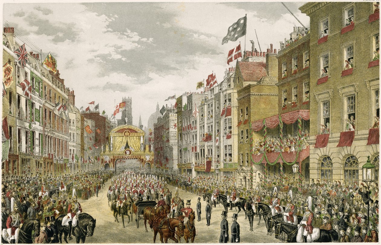 Strand'da Alayı, Temple Bar, Strand, Londra, Birleşik Krallık (renkli gravür) by W. H. Russell