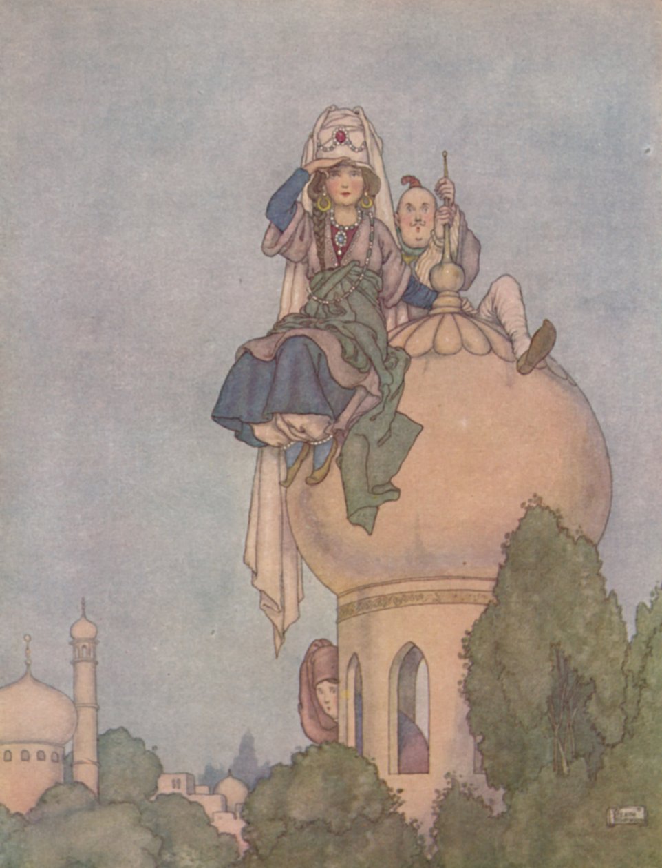 Ömür Boyu Günü Sarayının Çatısına Oturmuş, Onu Bekleyerek, 1930 c. by William Heath Robinson