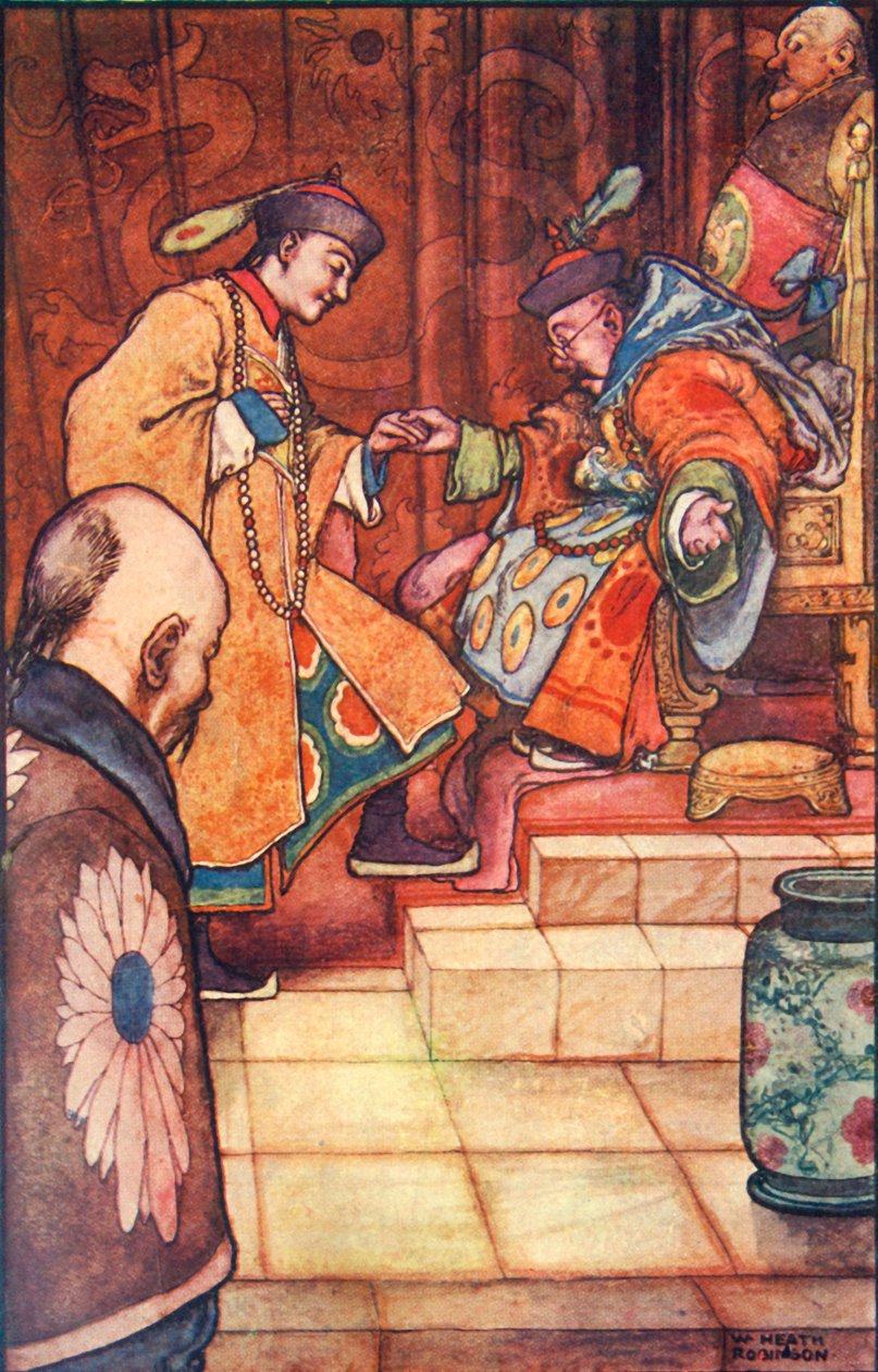 Genç adam ayaklarının dibine düştüğünde, Sultan onu elinden tuttu, c1930. by William Heath Robinson