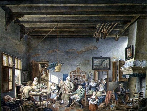 Bir Dutch Tavern Interior (Johannes Petrus van Horstock tarafından yapılan bir resimden sonra) (1745-1825) 1824 (kağıt üzerine suluboya) by W. Jansens