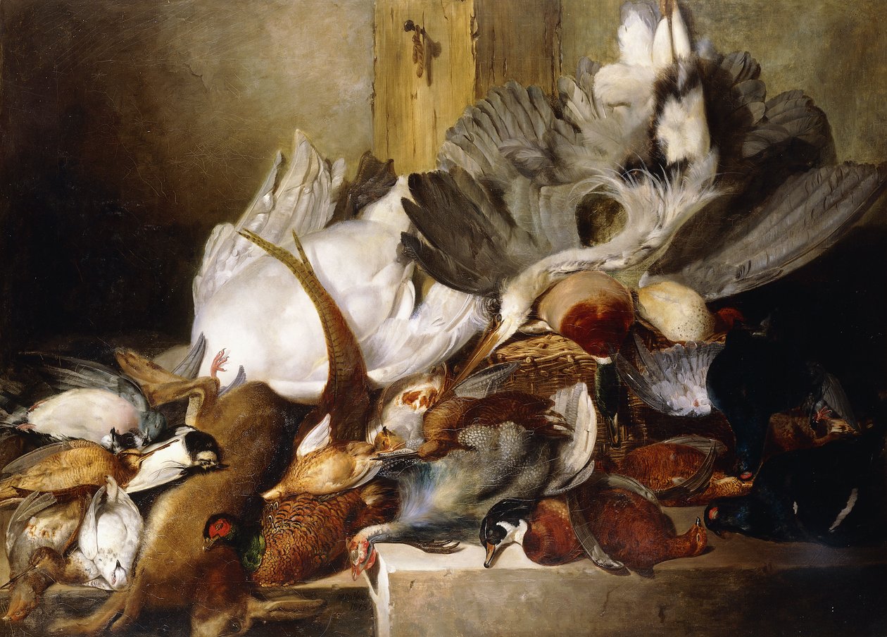 Ölü Kuşların Natürmortu; Duvardan Sarkan Balıkçıl, Ördek, Sülün, Keklik, Çulluk, Kuğu ve Tavşanlı Güvercin, 1845 by W. Oakes