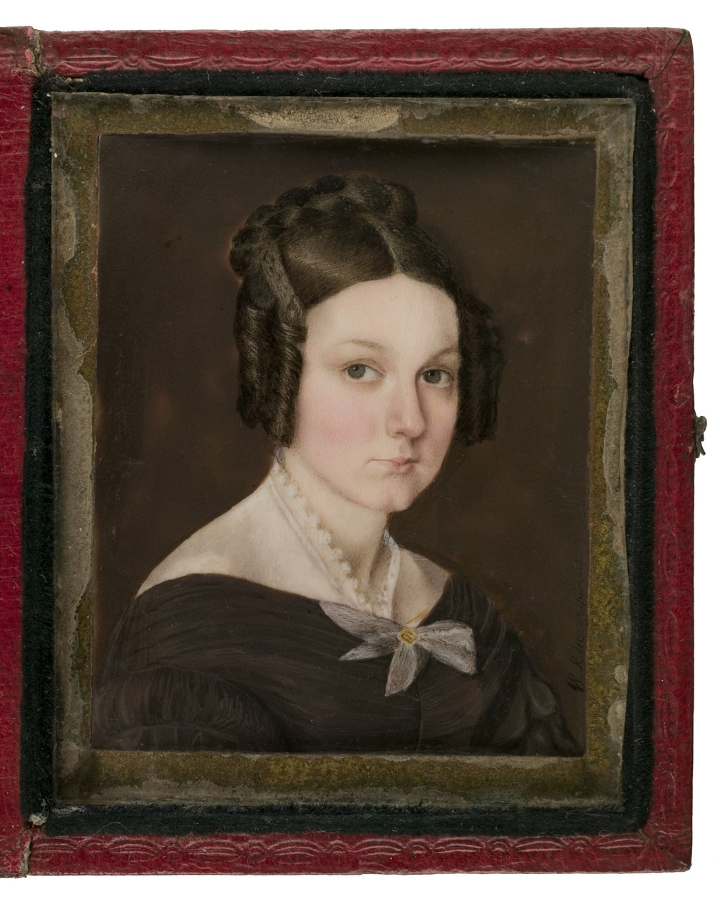 Miniature portrait of Sally Ann Gage, c.1837 (wc on ivory, leather, copper alloy & glass) by W. R. Herve