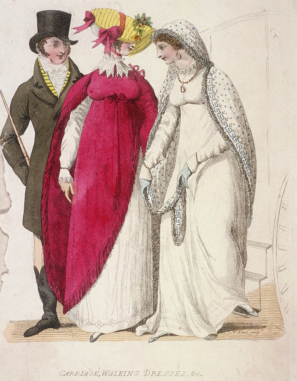 Bir erkek eşliğinde yürüyüş elbisesi giyen iki kadın, c1810 by W Read