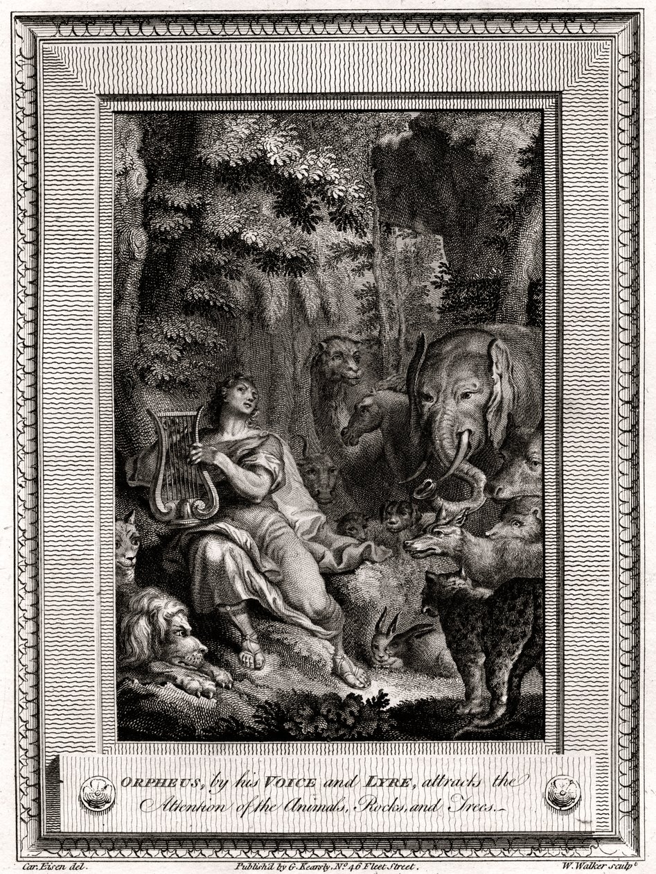 Orpheus, Sesi ve Liriyle Hayvanlar, Kayalar ve Ağaçların dikkatini çeker, 1774. by W. Walker