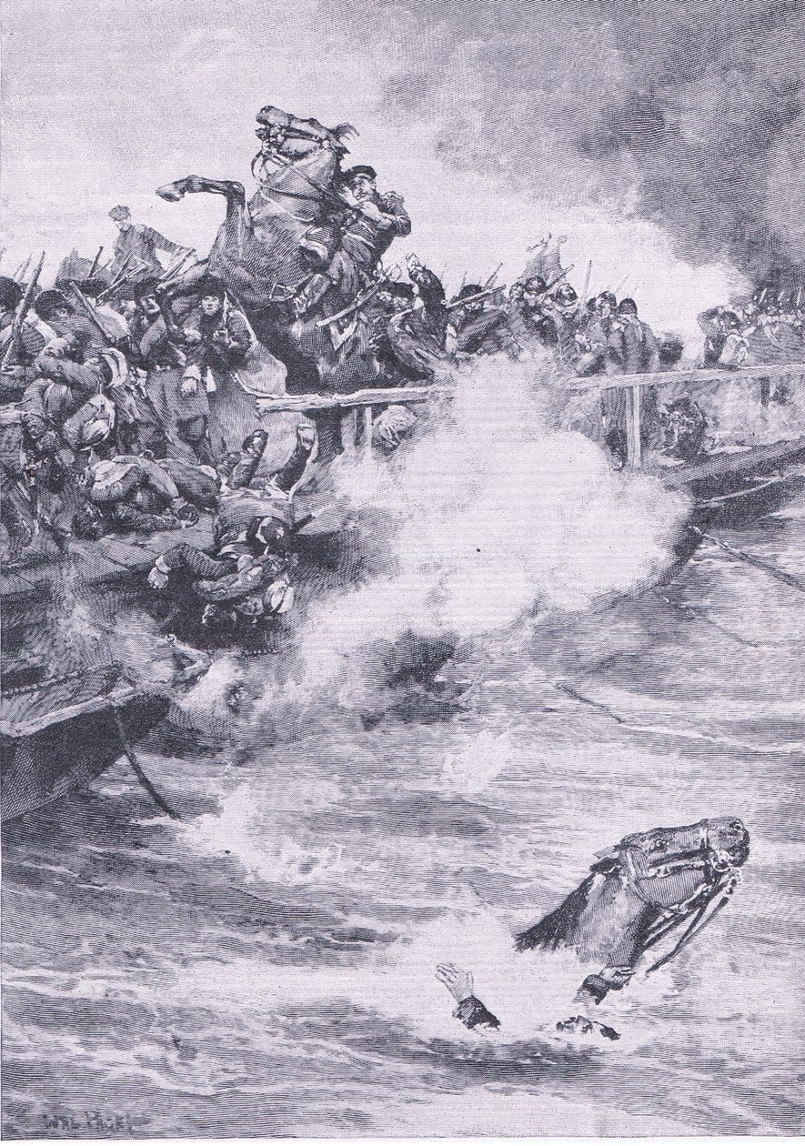 Sivastopol: Teknelerin köprüsü üzerinde geri çekilme, İngiliz Kara ve Deniz Savaşlarından bir çizim, 1915 by Wal Paget