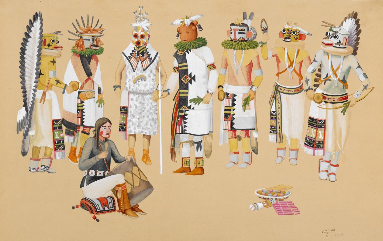 Kachinas Grubu, 1933 (devetüyü dokuma kağıt üzerinde kurşun kalem üzerinde tempera) by Waldo Mootzka