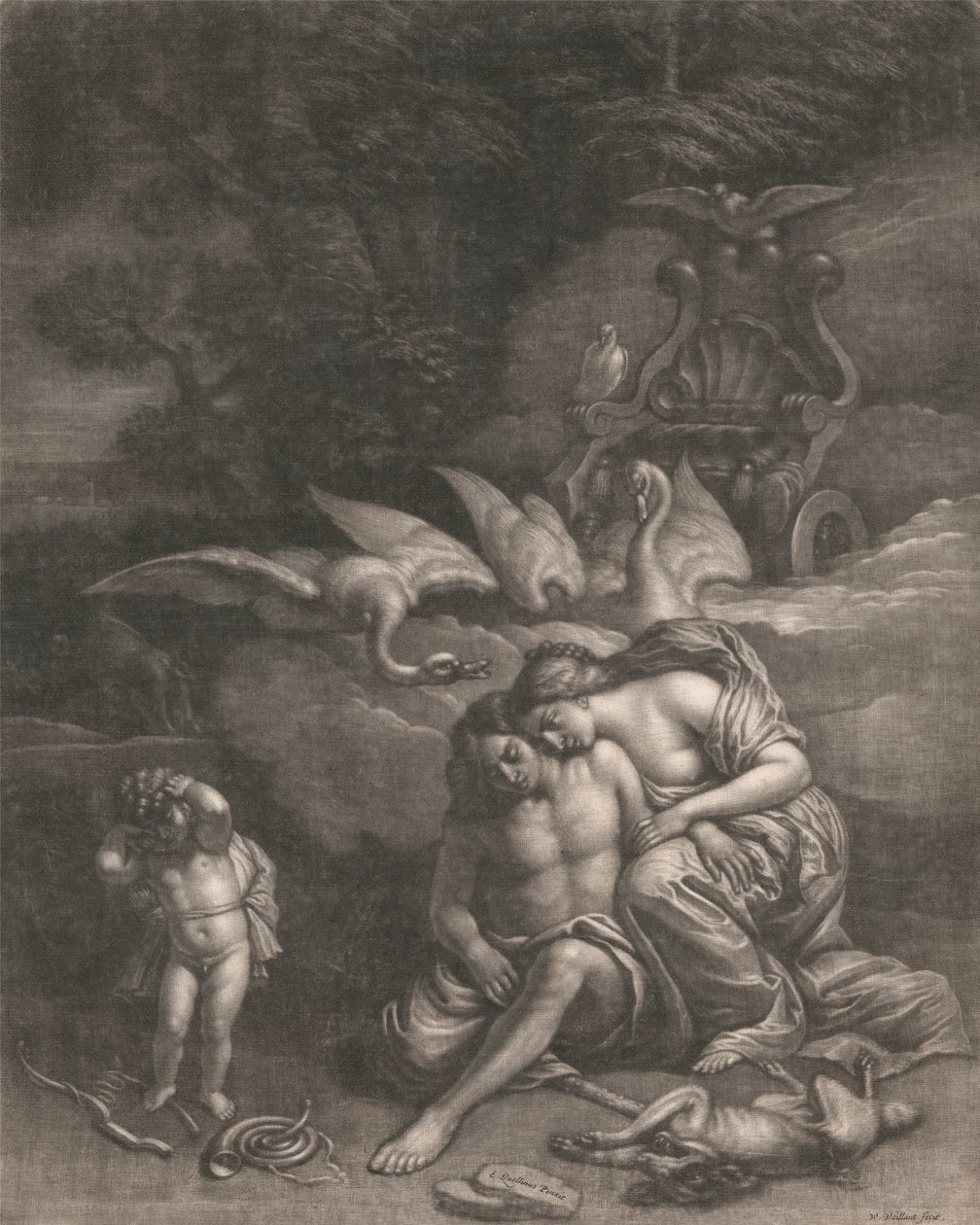 Adonis, Venüs'ün kollarında ölür by Wallerant Vaillant
