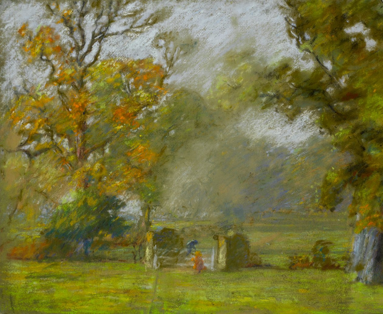 Kapıda oturan bir çocukla yaz manzarası by Walter Bonner Gash