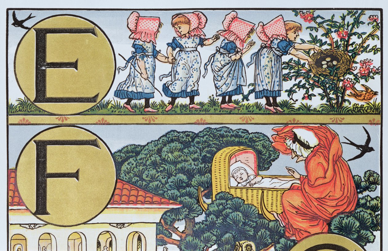 E-F, Tekerlemelere dayalı bir Alfabeden (renkli gravür) by Walter Crane