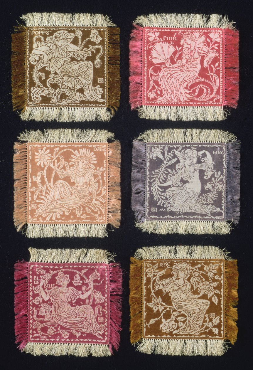 Floras Retinue, altı tatlı altlık seti, Rose, Lily, Daisy, Poppy, Pink ve Bluebell, John Wilson & Sons tarafından üretildi, 1893 (ipek şam) by Walter Crane