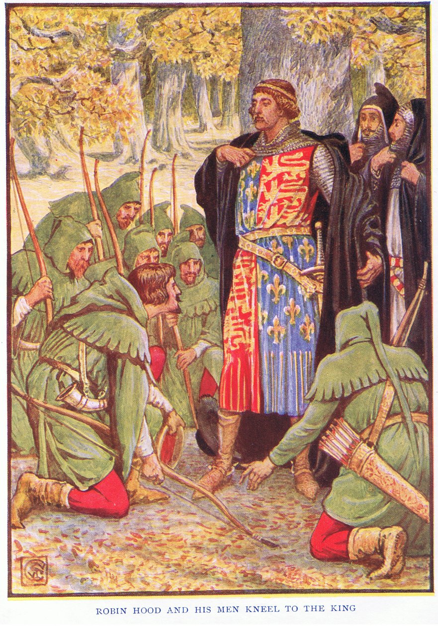 Robin ve adamları kralın önünde diz çöküyor, 1920 dolayları by Walter Crane