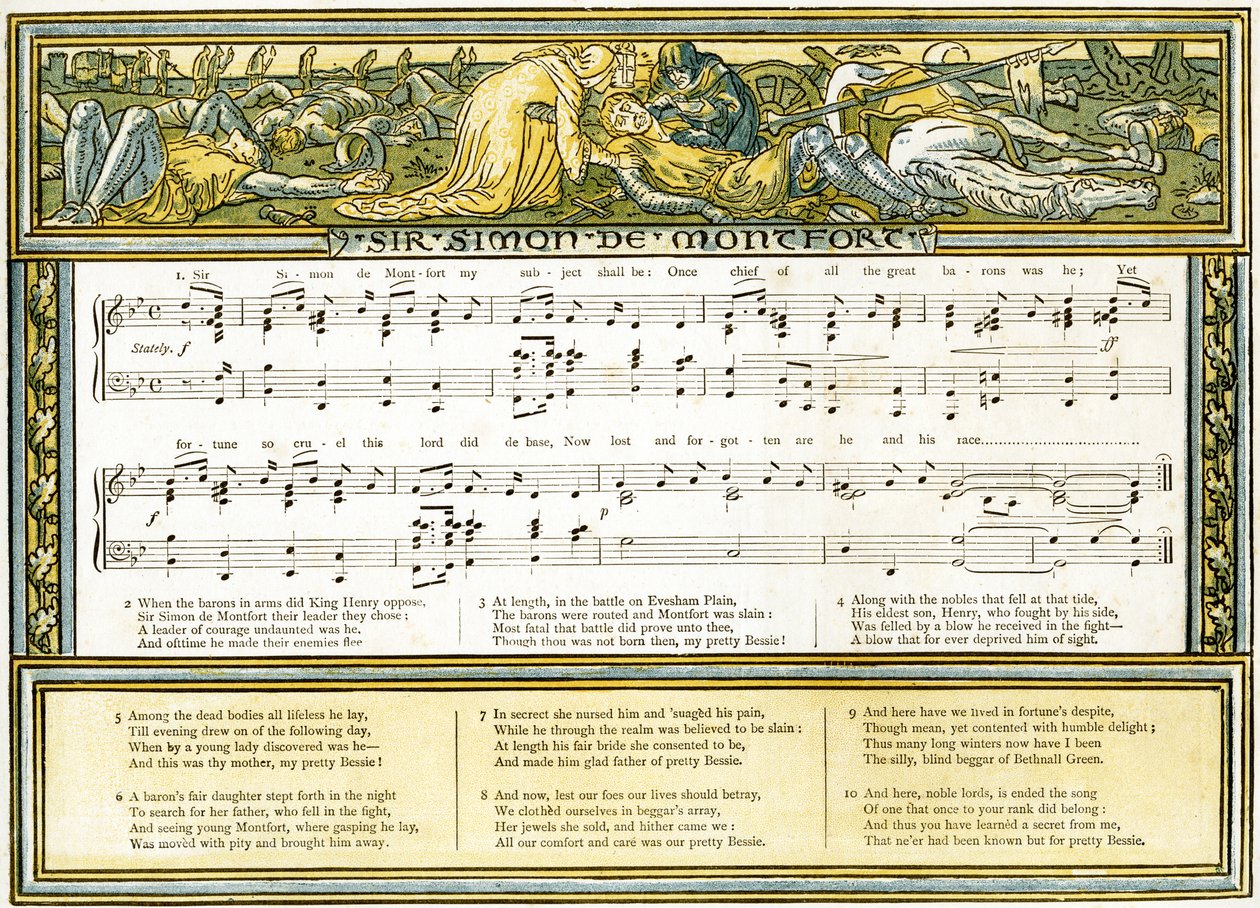 'Sir Simon de Montfort', 'Pan-Pipes'tan şarkı illüstrasyonu, Eski Şarkılar Kitabı, Yeni Düzenlenmiş ve Theo'nun Eşlikleriyle. Marzials, Londra'da George Routledge und Sons tarafından yayınlandı, 1884 (renkli by Walter Crane