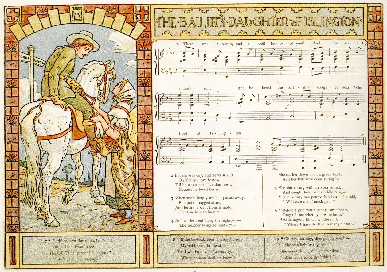 'İslington'dan Mübaşirin Kızı', 'Pan-Pipes'dan şarkı illüstrasyonu, Eski Şarkılar Kitabı, Yeni Düzenlenmiş ve Theo'nun Eşliğinde. Marzials, George Routledge und So tarafından Londra'da yayınlandı. by Walter Crane