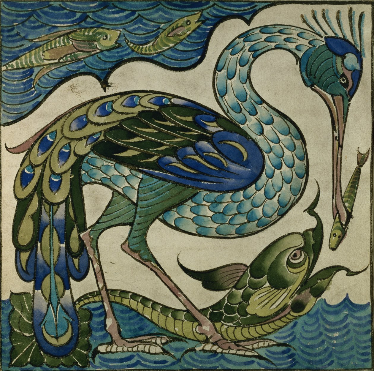 Walter Crane (1845-1915) tarafından balıkçıl ve balık çini tasarımı by Walter Crane
