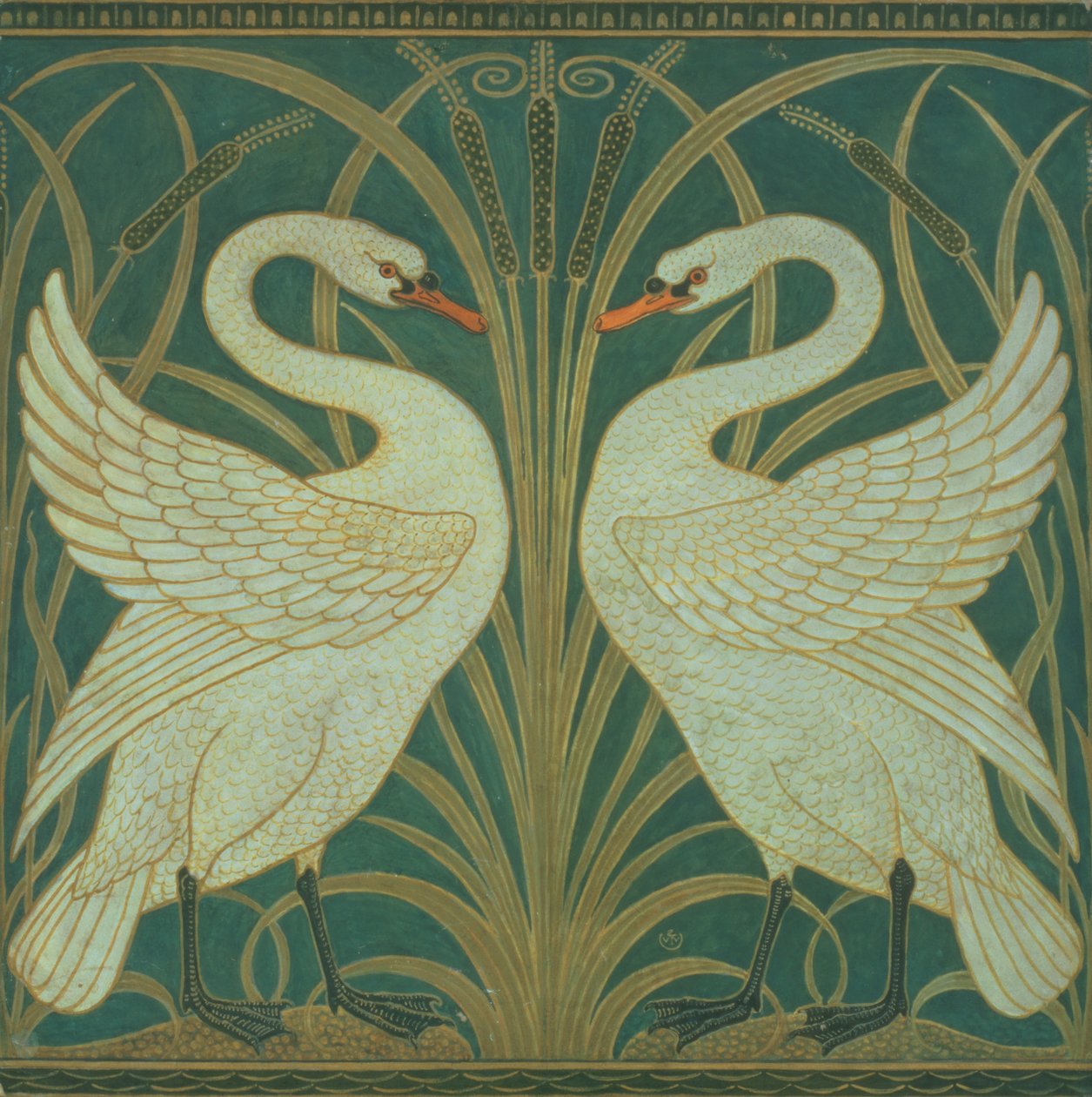 Swan, Rush ve Iris paneli için duvar kağıdı tasarımı by Walter Crane