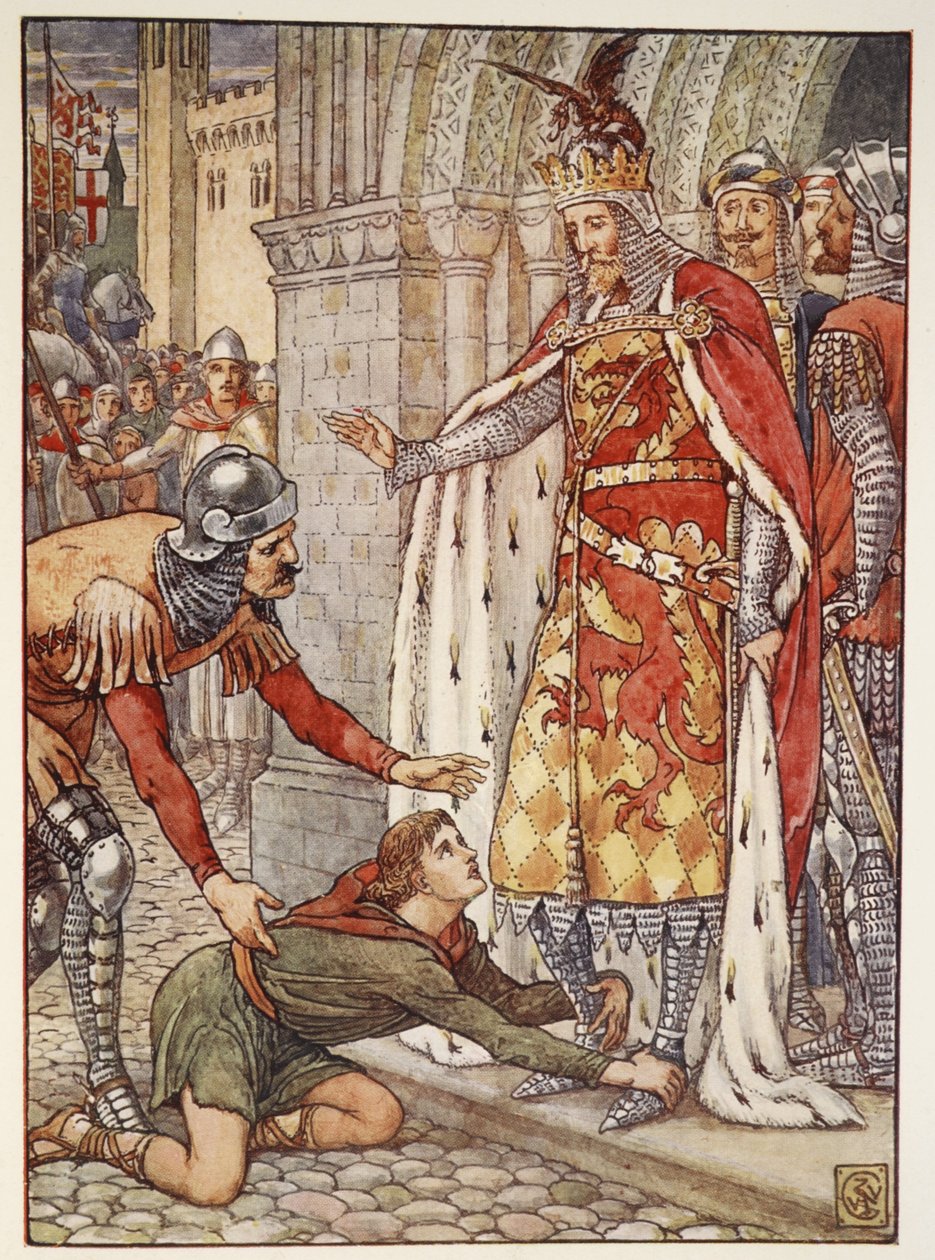 Genç Owen, Henry Gilbert'in 'Yuvarlak Masa Şövalyelerinin Hikayeleri'nden Krala İtiraz Ediyor, ilk baskı, 1911 by Walter Crane