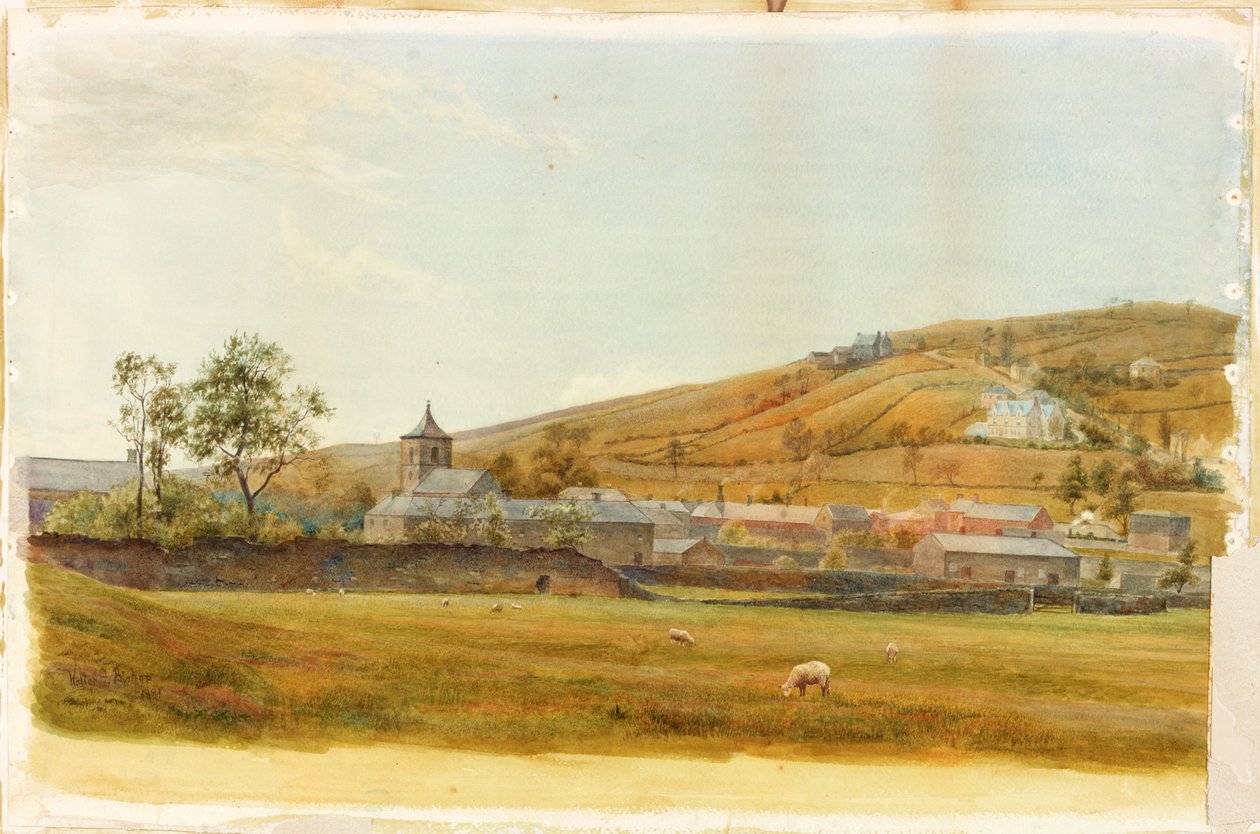 Kilise ve Koyun kalemi ve karta yapıştırılmış kağıt üzerine suluboya ile manzara by Walter Follen Bishop